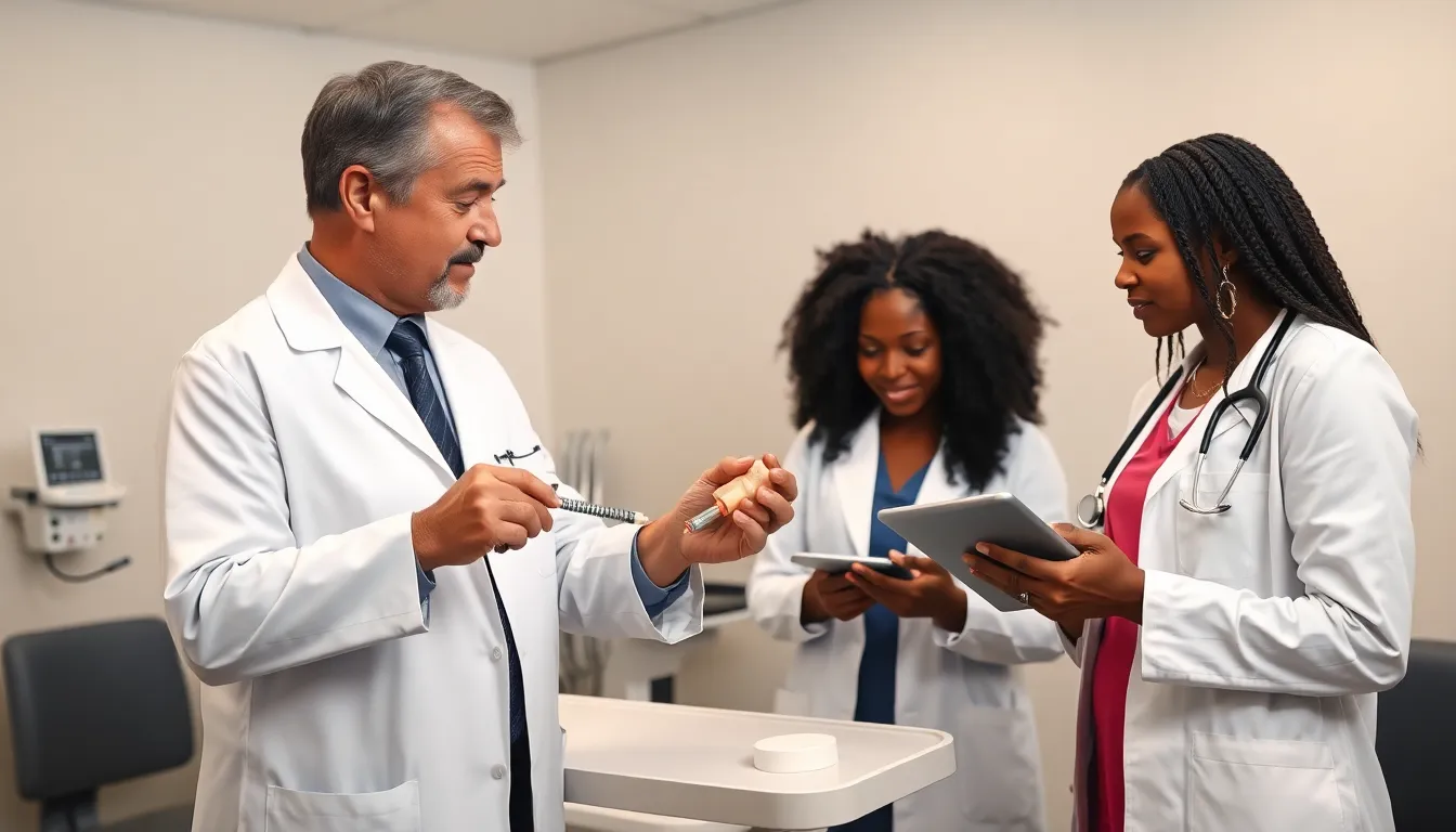 diverse medical team discussing viscosupplementation in a modern clinic.